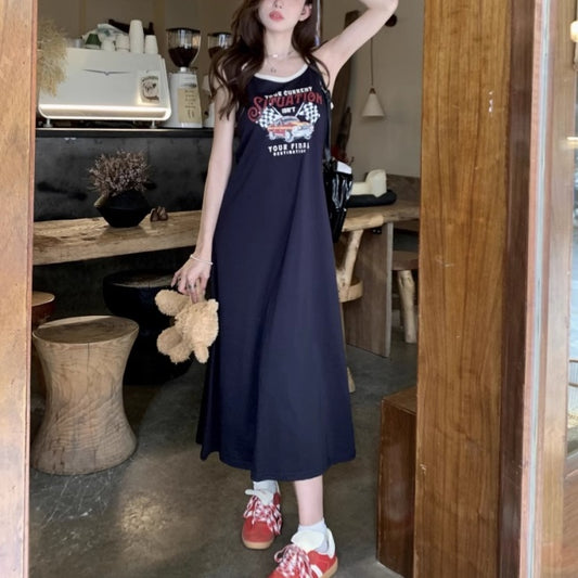 ノースリーブ ロングワンピース グラフィック プリント 韓国 ファッション レディース キャミワンピース アメカジ レトロ ワンピース