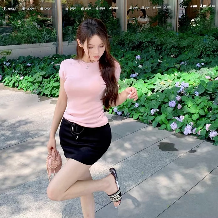 サマー ニット Tシャツ 夏トップス レディース 韓国 パステルカラー 半袖 カットソー タイト ストレッチ ミニマム Y2K