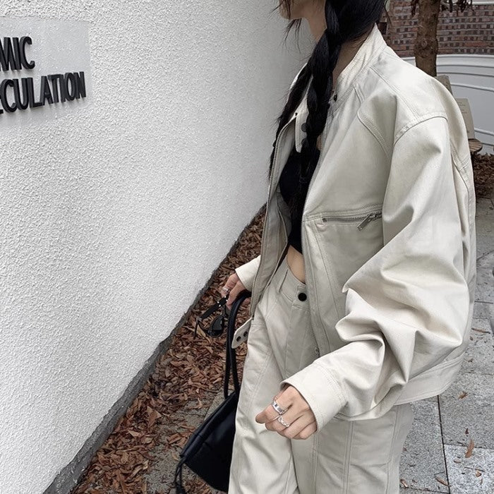 セットアップ レディース 韓国 ライダースジャケット ワイドパンツ カジュアル 上下セット