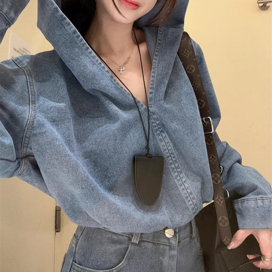 デニムセ ットアップ レディース 韓国 ファッション 春夏デニム パーカー ショートパンツ 上下 2点 ギャザートリム クロップド丈 トップス