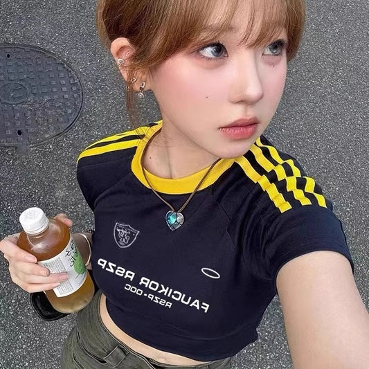 ロゴ Tシャツ ライン クロップド レディース 韓国 ファッション スポーティー リンガー 袖ライン ショートT