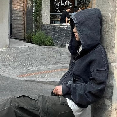 ジップ パーカー レディース 色落ち加工 韓国 ファッション ダブルジップ 色褪せ ダメージ加工 フーディー