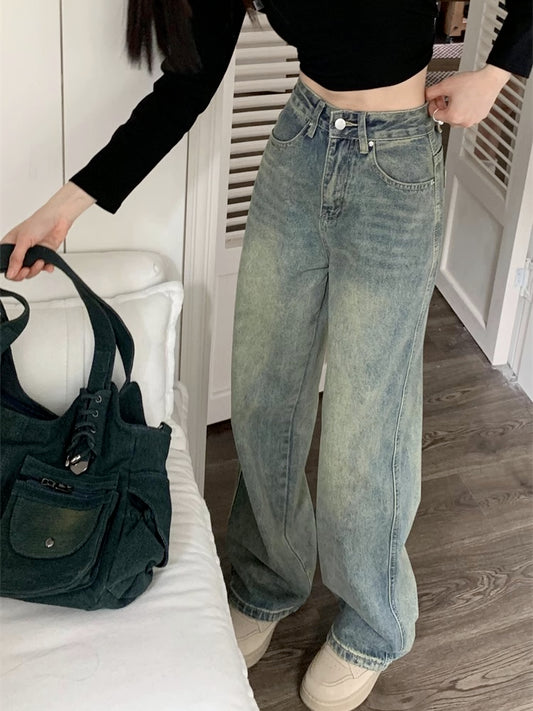 ヴィンテージ デニム ワイドパンツ レディース 韓国 ファッション デニムパンツ ダメージ加工 ジーンズ