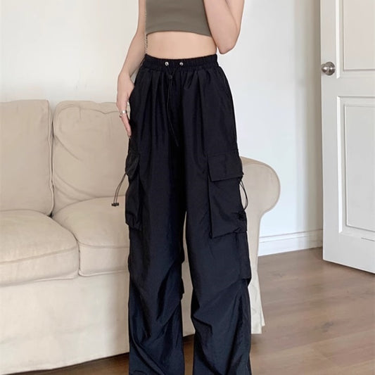 ナイロン パラシュート カーゴパンツ レディース 韓国 ファッション サイドポケット ドローコード ワイドパンツ