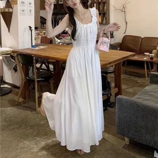 夏 ロングワンピース 韓国 フリル ギャザー デコルテ リボン ノースリーブ ワンピース