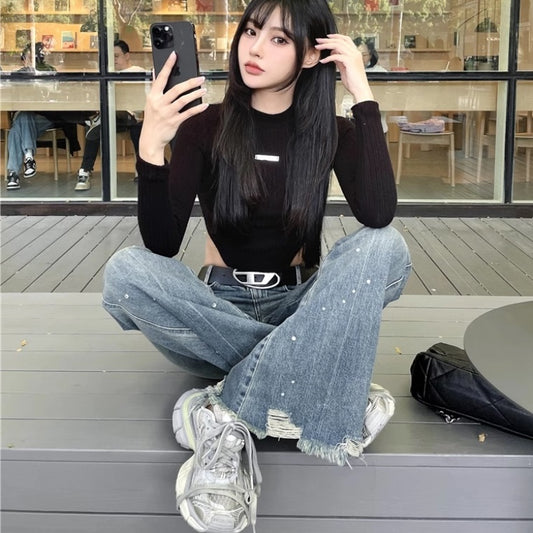 フレア デニムパンツ レディース 韓国 ファッション ダメージ加工 ブーツカットデニム