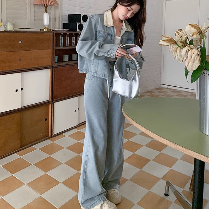 デニム セットアップ レディース 韓国 ファッション デニムオンデニム 襟 ショート デニムブルゾン ワイドデニム 上下2点セット
