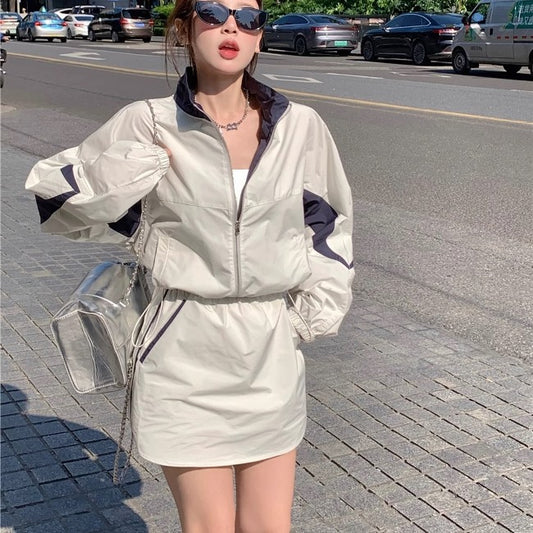 セットアップ レディース ナイロン ジャージ スカート 上下セット 韓国 ウィンドブレーカー ボリュームスリーブ クロップド丈 ミニスカート スポーツミックス