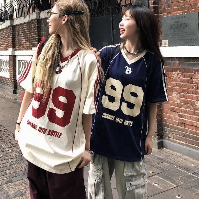 ゲームシャツ レディース サイドライン Tシャツ スポーティ 韓国 ナンバーロゴ Vネック オーバーサイズ T