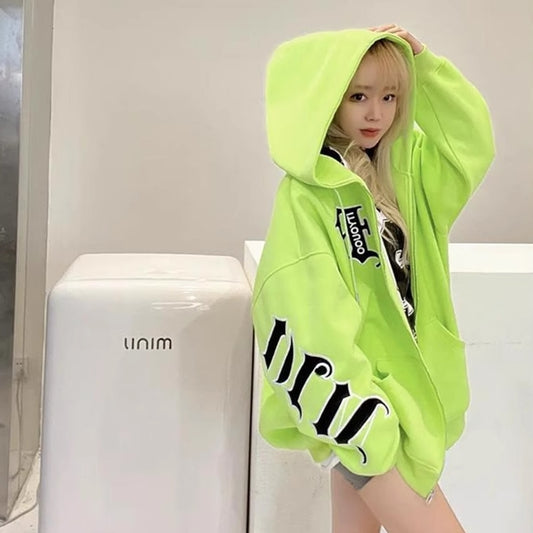 パーカー レディース 韓国 ファッション ロゴ プリント オーバーサイズ ジップパーカー ネオンカラー