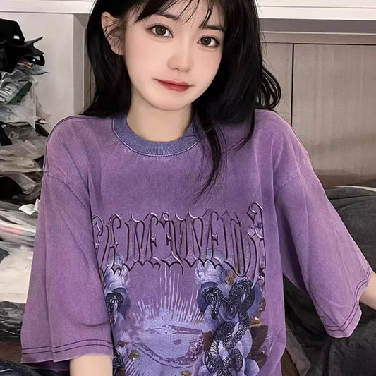 グラフィック Tシャツ 半袖 レディース 韓国 ファッション オーバサイズ パープル ヴィンテージ加工 トップス 夏