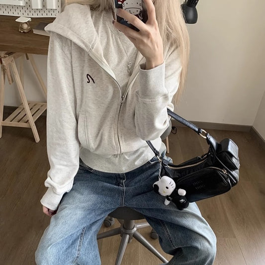 クロップド パーカー レディース 韓国 ファッション ワンポイント ダブルジップパーカー スウェット トップス 秋冬