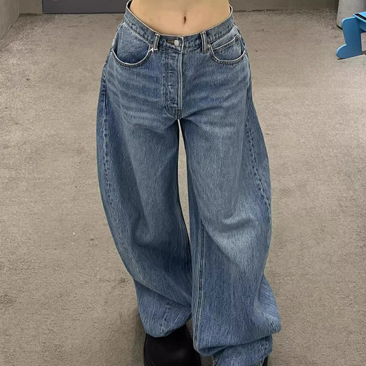 カーブ デニム ワイドパンツ レディース 韓国 ファッション バレルレッグ ヒップロゴ ヴィンテージ デニム