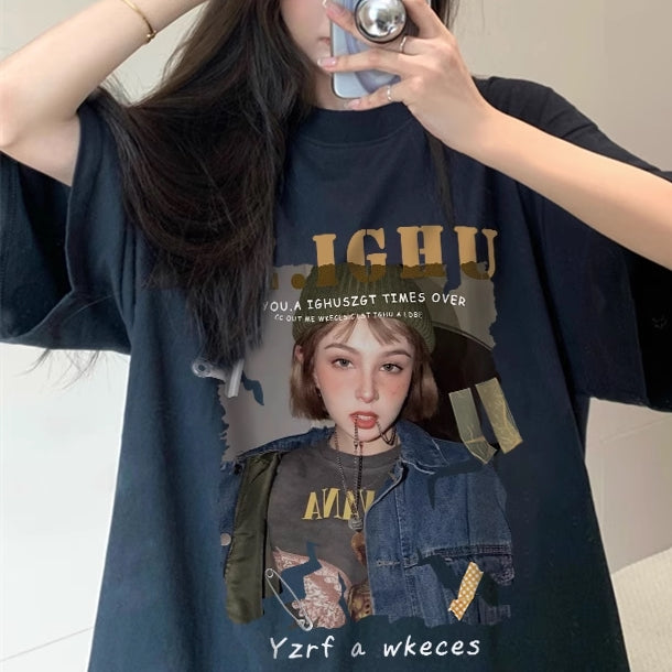 フォト グラフィック Tシャツ レディース 韓国 ファッション コットン ビッグシルエット プリント T