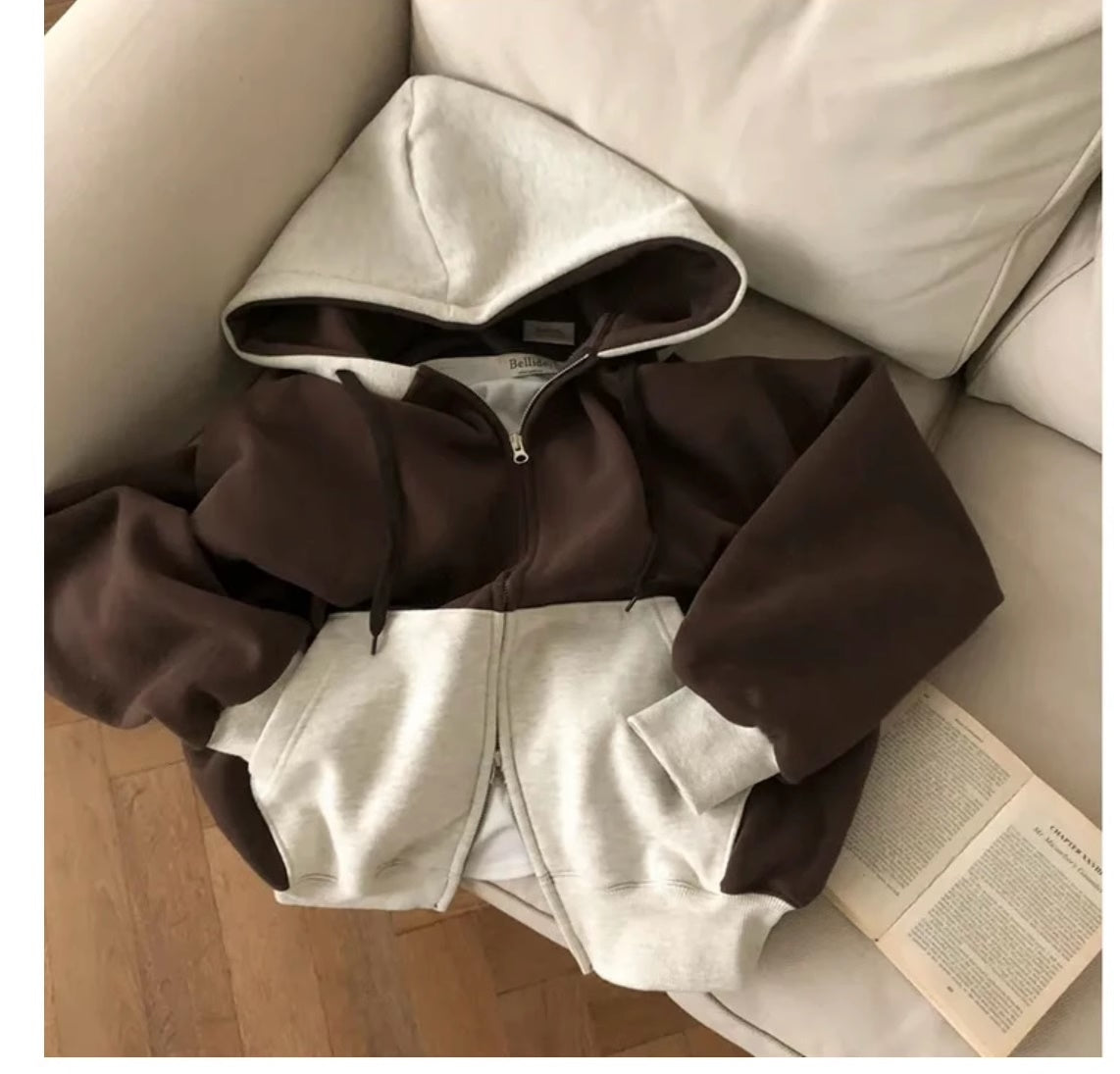 バイカラー ジップ パーカー レディース 韓国 カジュアル ファッション オーバーサイズ フーディ 秋冬 トップス