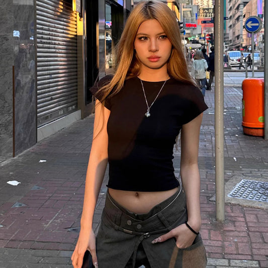 Tシャツ レディース タイト ストレッチ 韓国 ファッション 無地 シンプル クロップド フレンチスリーブ ショート T