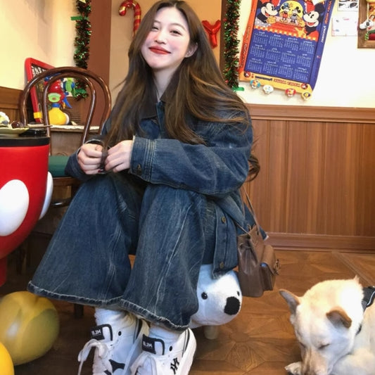 デニム セットアップ レディース 韓国 ファッション ユーズド加工 Gジャン ワイド デニムパンツ 上下セット