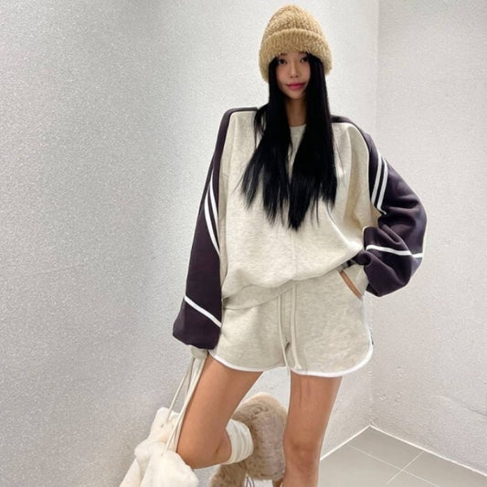 スウェット セットアップ レディース レトロ バイカラー トレーナー ショートパンツ 上下セット 韓国 ファッション カラーブロック 袖ライン レトロスポーツ セット