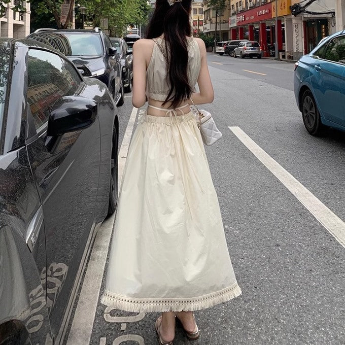 カットアウト ワンピース 韓国 背中見せ ロングワンピース ノースリーブ リボン サマーワンピ