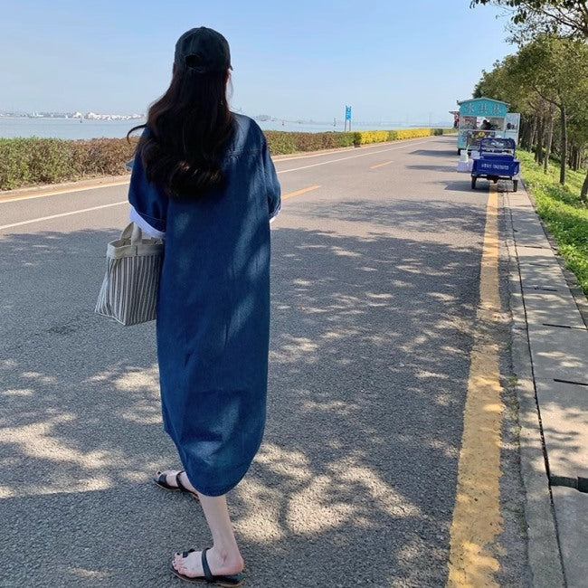 デニム シャツ ワンピース 韓国 ファッション オーバーサイズ デニムワンピ シンプル