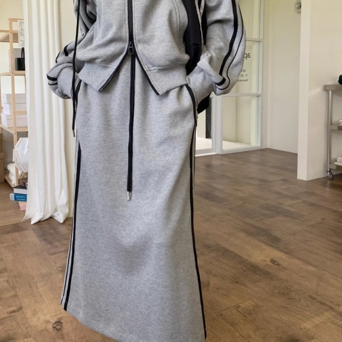 スウェット ジャージ ロングスカート セットアップ レディース 韓国 ファッション ダブルジップ パーカー ロングスカート サイドライン 上下セット