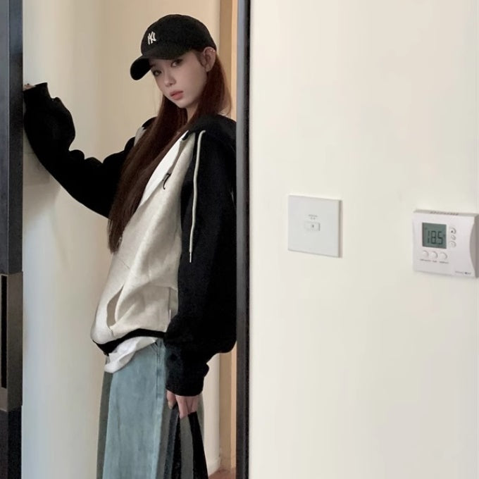 ジップアップ パーカー レディース 韓国 ファッション モノトーン バイカラー ロゴ ラグランパーカー