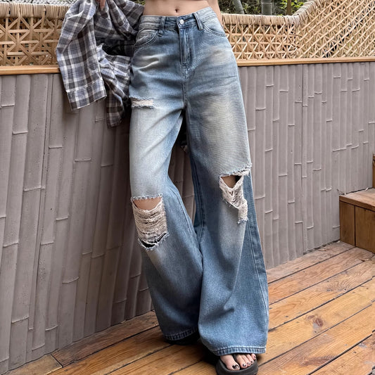 クラッシュ フレア デニムパンツ レディース 韓国 ファッション ヴィンテージ ダメージ加工 ワイドデニム