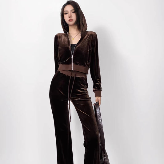 ベロア セットアップ レディース 韓国 ファッション クロップド パーカー フレアパンツ 上下セット