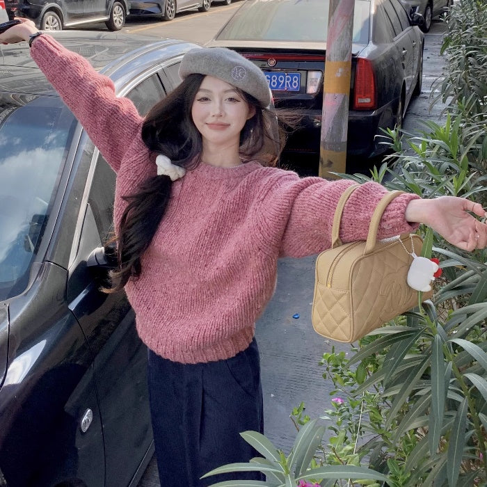ピンク セーター レディース 韓国 ファッション 冬 ニット トップス バーブル ピンク ミックス ビッグシルエット