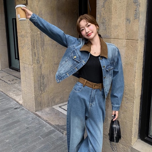 デニムセットアップ レディース 韓国 ファッション デニム ワークジャケット ワイド デニムパンツ 上下セット ヴィンテージ加工