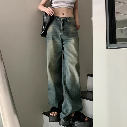 ワイド デニムパンツ レディース ストレート 韓国 ファッション ユーズド加工 夏 デニム