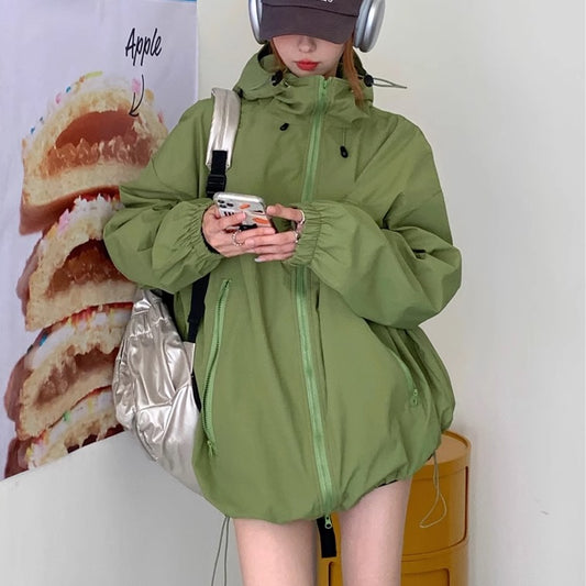 ナイロン パーカージャケット レディース 韓国 ジップアップ ナイロンジャケット ウィンドブレーカー オーバーサイズ アウター