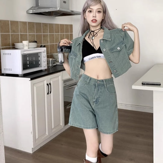 デニム セットアップ レディース 半袖 クロップド ジャケット ハーフパンツ 韓国 ファッション 夏 デニム 上下セット
