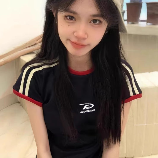 ロゴ リンガー Tシャツ レディース 韓国 ファッション ライン タイト ストレッチ 夏 トップス