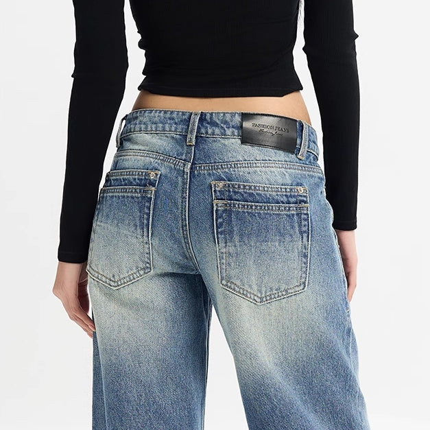 ローライズ フレア デニムパンツ レディース 韓国 ファッション ローウエスト ブルーデニム ダメージ加工