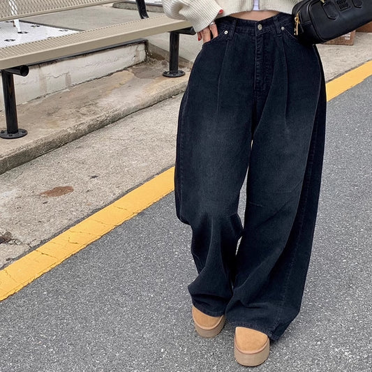 コーデュロイ ワイドパンツ レディース 韓国 ファッション 黒 カジュアル ストリート