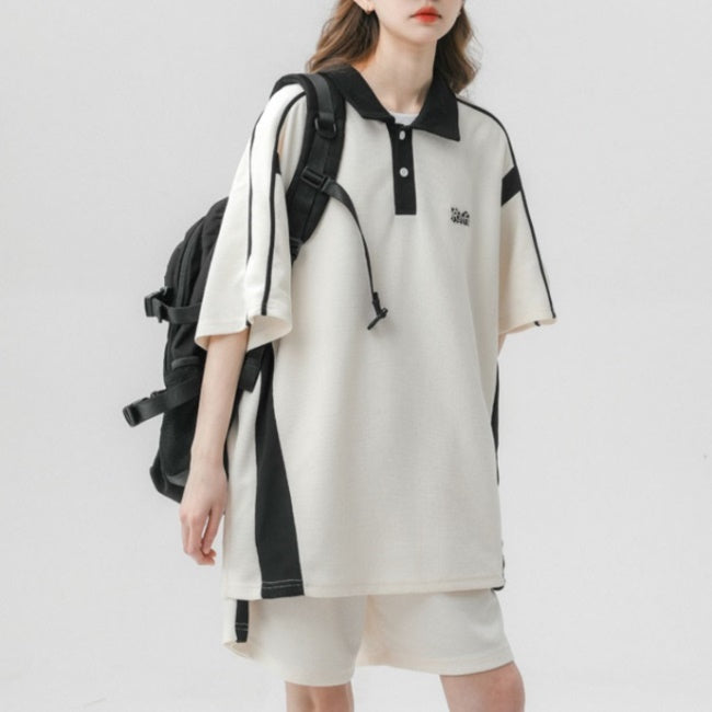 ジャージ セットアップ レディース 韓国 夏服 半袖 ポロシャツ ハーフパンツ バイカラー ワンポイントロゴ スポーツウェア 上下セット ストリート系 女子
