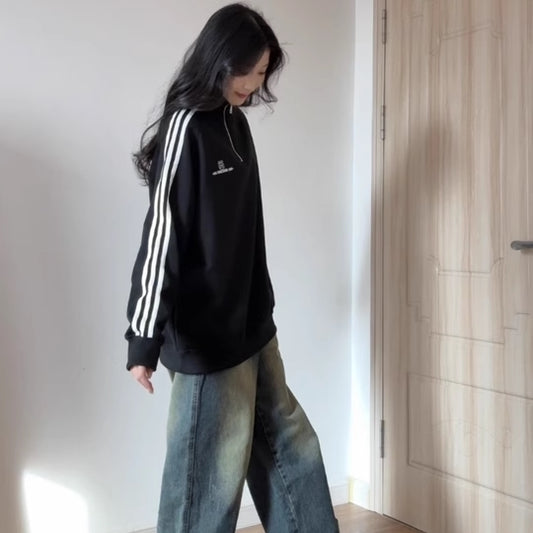 ハーフジップ スウェット トップス レディース サイドライン 韓国 ファッション スポーティ スタンドネックトレーナー