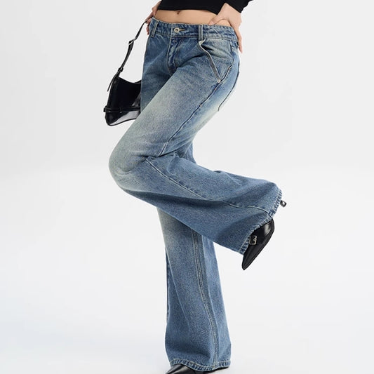 ローライズ フレア デニムパンツ レディース 韓国 ファッション ローウエスト ブルーデニム ダメージ加工