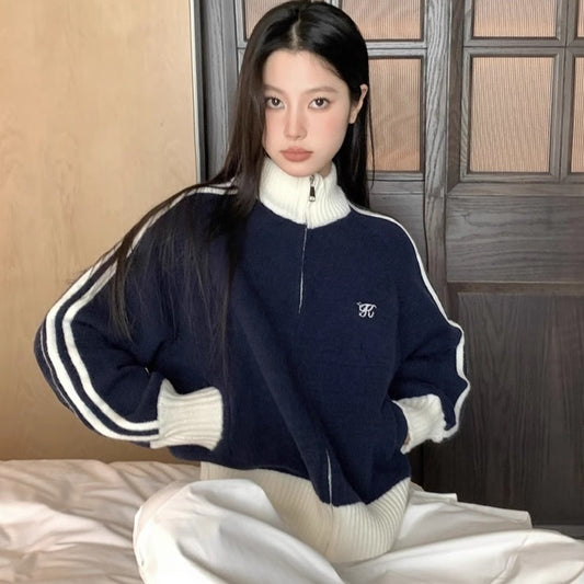 ニット ジャケット レディース 韓国 ファッション スポーティー ハイネック バイカラー ジップアップ トラックジャケット