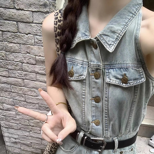 デニム オールインワン サロペット レディース 韓国 ファッション ワイドパンツ ノースリーブ 夏デニム ライトブルー