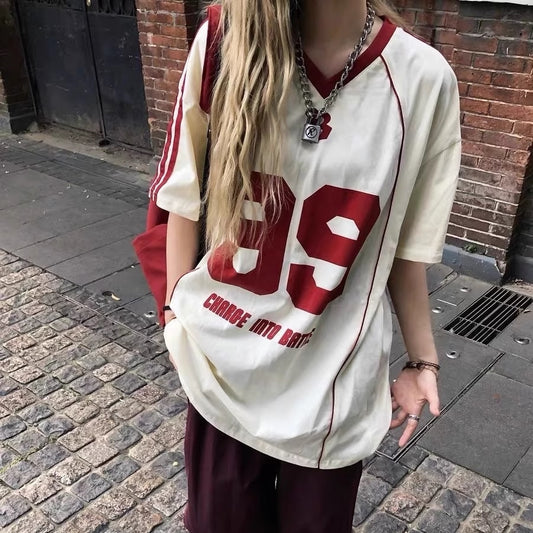 ゲームシャツ レディース サイドライン Tシャツ スポーティ 韓国 ナンバーロゴ Vネック オーバーサイズ T