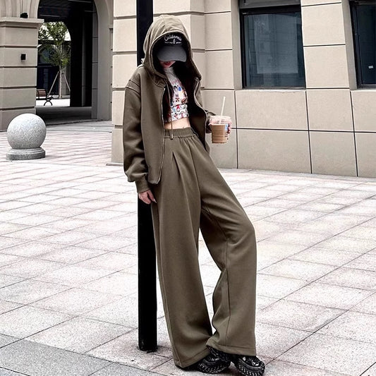 スウェット セットアップ レディース パーカー 韓国 ファッション ジップパーカー ワイドパンツ 上下セット パープル カーキ ピンクpinnku