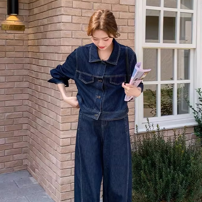 デニムセットアップ レディース 韓国 ファッション デニムジャケット ワイドパンツ ネイビー インディゴデニム 上下2点セット ショート丈ジャケット ブルゾン アウター ロングパンツ