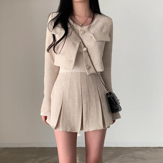 セットアップ レディース ノーカラー ジャケット ミニスカート 上下セット 韓国 ファッション Aライン プリーツスカート