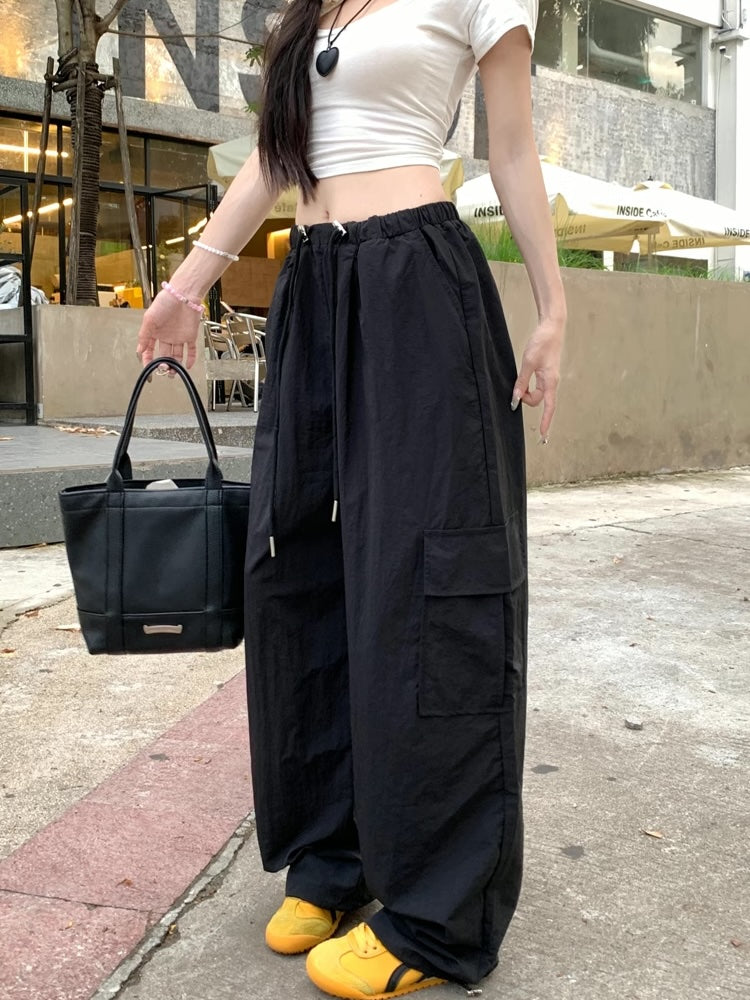 カーゴパンツ レディース 韓国 ファッション ウエストゴム ナイロン ワイドパンツ