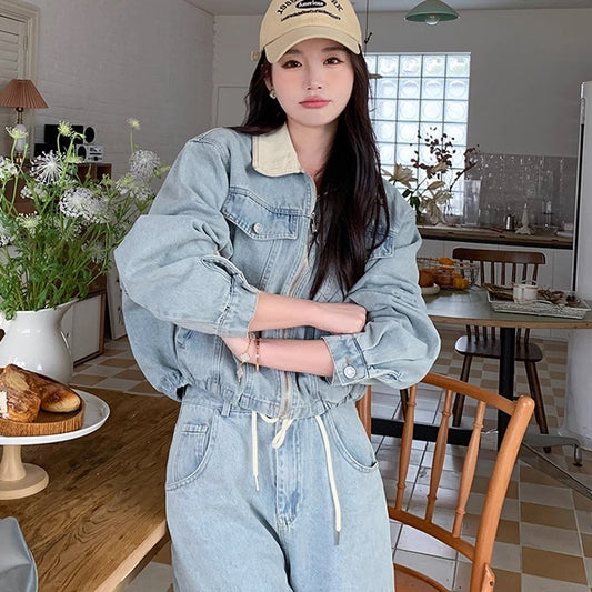 デニム セットアップ レディース 韓国 ファッション デニムオンデニム 襟 ショート デニムブルゾン ワイドデニム 上下2点セット