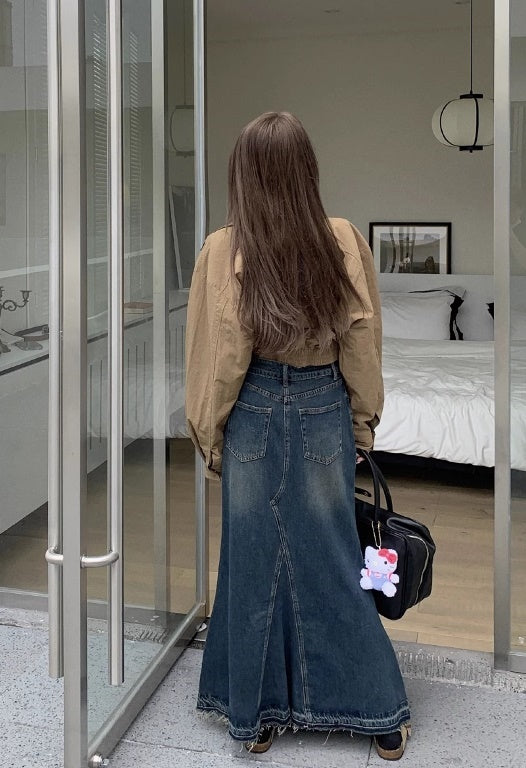 デニム ロングスカート レディース 韓国 ファッション マーメイドスカート 裾フレア きれいめデニム ヴィンテージ加工 レトロ