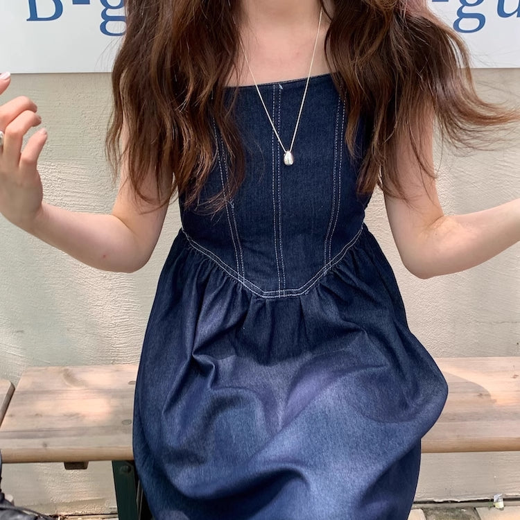 デニムワンピース 韓国 ファッション レディース キャミワンピース ロング フレア ウエスト切り替え ステッチ ノースリーブ ワンピ