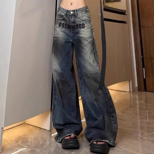 ロゴ ローライズ デニムパンツ レディース 韓国 ファッション ローウエスト フレア デニム ワイドパンツ ユーズド加工